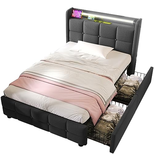 FEZTOY Einzelbett Polsterbett mit Aufladen USB Ladefunktion Kopfteil und 2 Schubladen,Einzelbett 90x200cm Jugendbett Stauraumbetten Bettgestell, Lattenrost aus Holz, Grau(Ohne Matratze) von FEZTOY