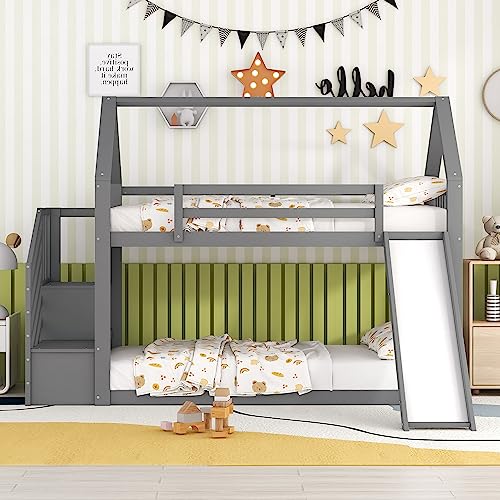 FEZTOY Etagenbett Kinderbett mit Treppe und Rutsche, Doppelbett, Holzbett für Kinder, Jugendliche und Erwachsene, 90x200, ohne Matratze, Grau von FEZTOY