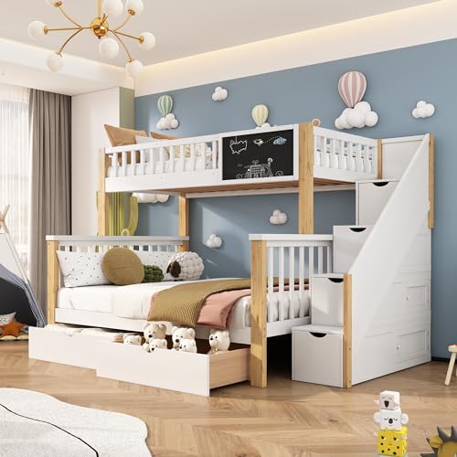 FEZTOY Etagenbett mit 2 Schubladen Kinder Bett mit Treppe, Hochglanz Kinderbetten Funktionsbett Etagenbett Stockbett Kinderhochbett Jugendhochbett,fur 3 Kinder weiß+helle Eiche von FEZTOY