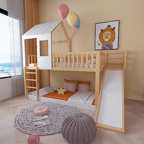 FEZTOY Etagenbett mit Leiter und Rutsche, Hausbett mit Dach und Fenster, Kinderbett Stockbett mit Fallschutz und Gitter, Rahmen aus Kiefer, 1x Lattenrost, 90x200cm von FEZTOY