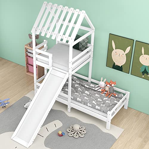 FEZTOY Hausbett mit Spielturm Spiel- Rutschbett Kinderbett Spielbett für Jungen & Mädchen - Massivholz Kinder Bett mit Rausfallschutz und Lattenrost -200x90cm & 100x90cm von FEZTOY