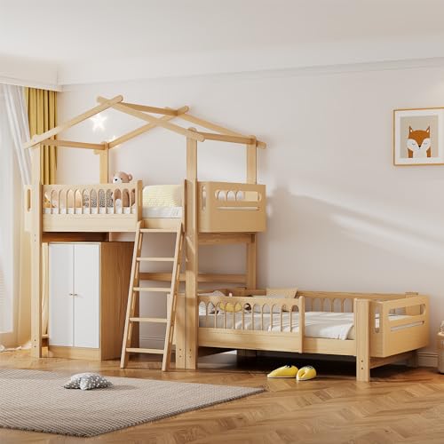 FEZTOY Hochbett mit Kleiderschrank und & 2X Liegeflächen, Kinderbett mit Schrank & Schrägleiter, Kinder Etagenbett, Bett, Platzsparendes, Kiefer+MDF, Natur+Weiß, 90x200cm von FEZTOY