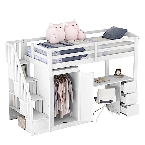 FEZTOY Hochbett mit Schreibtisch, Kleiderschrank & Bücherregal, Etagenbett mit Treppe und Stauraum, Multifunktionales Kinderbett, Jugendbett, Einzelbett von FEZTOY