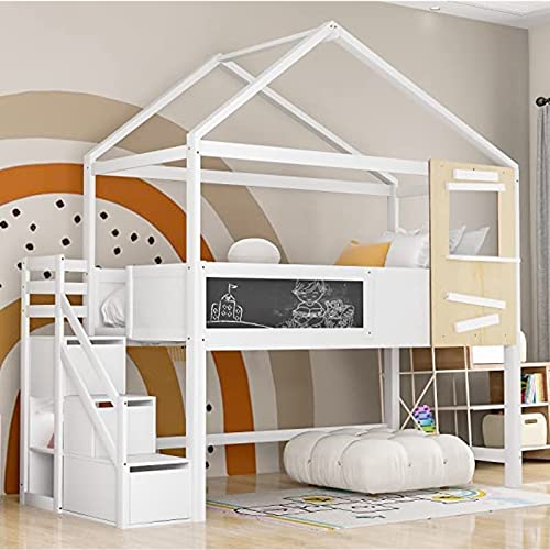 FEZTOY Hochbett mit Treppe & Schubladen, Etagenbett Stockbett mit Rausfallschutz und Lattenrost, Massivholz Kinderbett, Jugendbett, Hausbett, 90x200cm, weiß von FEZTOY