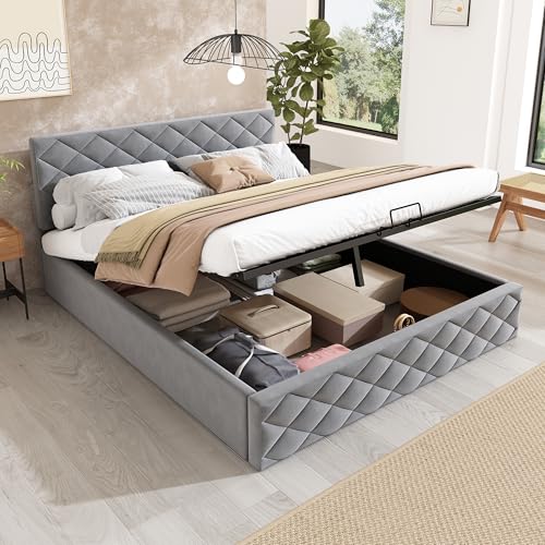 FEZTOY Hydraulisch Doppelbett Polsterbett 140x200cm, Bett mit Lattenrost aus Metallrahmen, Samt, Modernes Bettgestell mit Stauraum, Großer Stauraum, Grau von FEZTOY