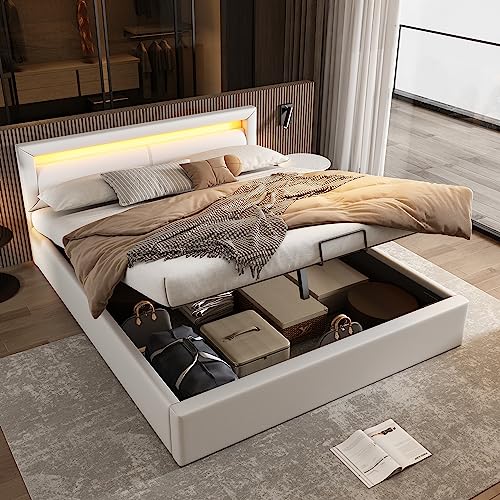 FEZTOY Hydraulische LED Bett 140x200cm Polsterbett mit Stauraum Doppelbett mit LED-Leuchten Bettgestell, Stauraumbett Funktionsbett Kunstleder, Ohne Matratze (140x200, Weiß) von FEZTOY