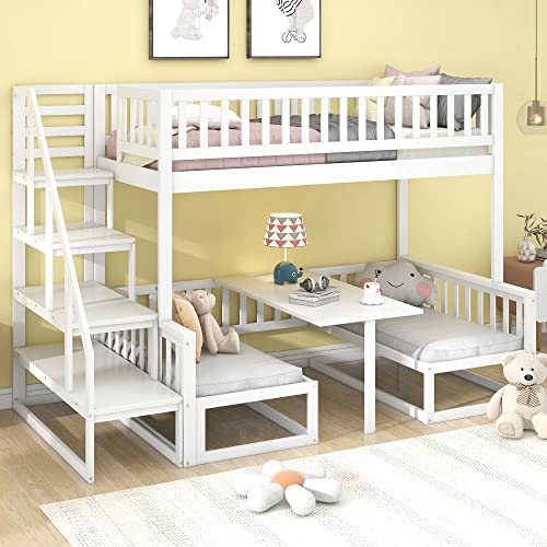 FEZTOY Kinderbett Etagenbett mit verstellbarem Schreibtisch und Treppe, umbaubar zu einem Tisch mit Bänken,Hochbett Bettgestell, Jugendbett, Bett für Jungen und Mädchen (90x200cm&120 * 200cm) von FEZTOY