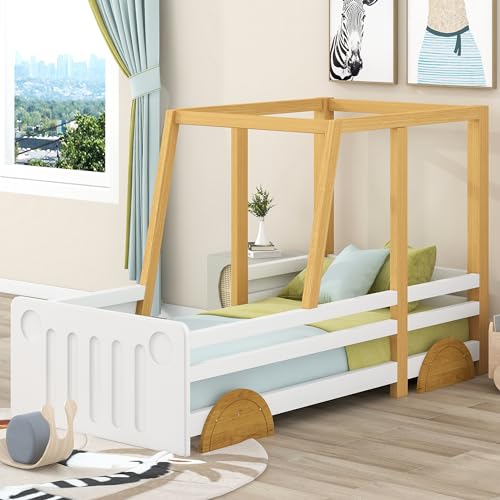 FEZTOY Kinderbett 90x200cm, Autobett Jeep-Bett mit Lattenrost und MDF-Rädern, Kinder Spielbett mit Rausfallschutz, Rahmen aus Kiefer, Kindermöbel, für Jungen und Mädchen, Weiß + Natur von FEZTOY