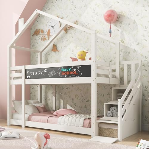 FEZTOY Kinderbett Baumhaus 90x200 Etagenbett für 2 Kinder, Hochbett mit Schornstein, Hausbett mit Rausfallschutz & 2X Lattenrost, Jugendbett, ohne Matratze von FEZTOY