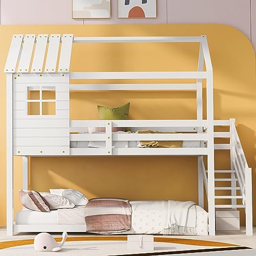 FEZTOY Kinderbett Baumhaus mit Ecktreppe und Fallschutz, Etagenbett mit Treppe 2 Kinder 90 x 200cm, Hausbett, Hochbett für Kinder, 1X Lattenrost, Rahmen aus Kiefer (weiß) von FEZTOY