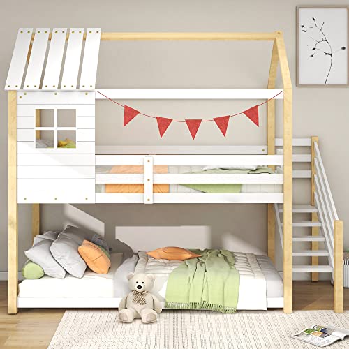 FEZTOY Kinderbett Baumhaus mit Ecktreppe und Fallschutz, Etagenbett mit Treppe 2 Kinder 90 x 200cm, Hausbett, Hochbett für Kinder, 1X Lattenrost, Rahmen aus Kiefer (weiß+Natur) von FEZTOY