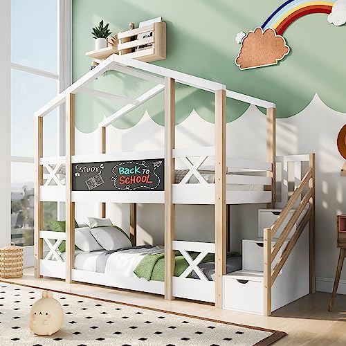 FEZTOY Kinderbett Baumhaus mit Speicherung und Rausfallschutz 90 x 200 cm, Hochbett für Kinder– 2X Lattenrost- Natur & Weiß von FEZTOY