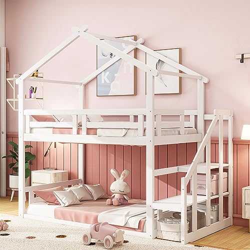 FEZTOY Kinderbett Etagenbett 90 x 200 cm, Hausbett, Hochbett mit Sicherheitstreppe und 1 Lattenrost, Kinderbettrahmen, für Jungen und Mädchen,ohne Matratze (Hausbett-Treppe) von FEZTOY