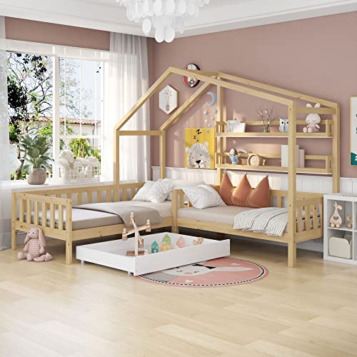 FEZTOY Kinderbett Hausbett mit Schubladen und Regalen, Massivholz Hausbett für 2 Kinder, L-Struktur Baumhaus Holzbett mit Zaun und Lattenrost, 90x200 cm+140x70cm, ohne Matratze (Natur) von FEZTOY