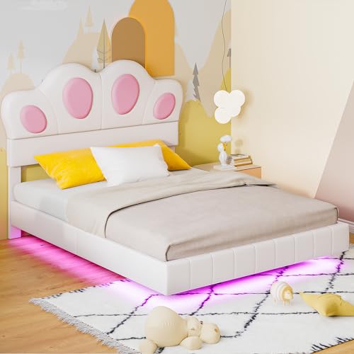 FEZTOY Kinderbett Polsterbett 140x200, Bettgestell mit LED für Mädchen, Katzenpfotenform -bettgestell aus Kunstleder mit Lattenrost und Rückenlehne, ohne Matratze von FEZTOY