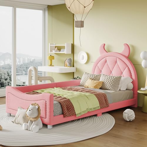 FEZTOY Kinderbett Polsterbett 90x200cm Mädchen Einzelbett Schlafsofa Bettgestell Teddystoff Multifunktionales weiches Bett mit Rückenlehne Jugendbett,ohne Matratze von FEZTOY