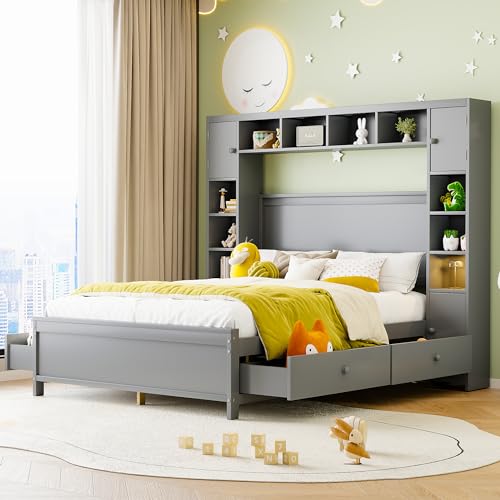 FEZTOY Massivholz Bettgestell 140x200 mit 4 Stauraum, Doppelbett Kopfteil mit Bücherregal, Holzbett Kinderbett mit Lattenrost, Jugendbett, Funktionsbett,Grau ohne Matratze von FEZTOY