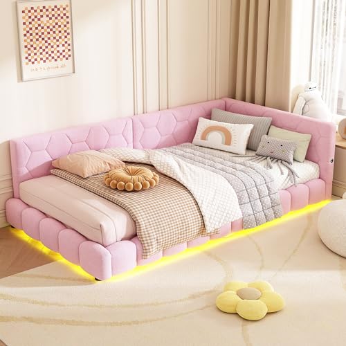 FEZTOY Polsterbett 90x200 mit LED und USB-Anschluss, Bettgestell mit Lattenrost,Tagesbett Schlafsofa Bett Bettsofa Gästebett Jugendbett Einzelbett, ohne Matratze (Rosa, 90x200) von FEZTOY