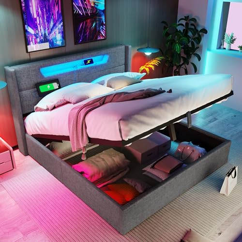 FEZTOY Polsterbett mit USB Typ C Ladefunktion und L-E-D, Doppelbett Stauraumbetten Bettgestell aus Leinenmaterial Jugendbett mit lattenrost, Ohne Matratze 140x200, Gra'u von FEZTOY