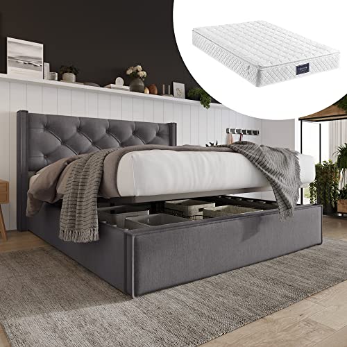 FEZTOY Stauraumbett Hydraulisch Doppelbett Polsterbett 140x200cm, Bett mit Lattenrost aus Metallrahmen, Modernes Bettgestell mit Stauraum, Baumwolle (140x200, Gray+Matratze) von FEZTOY