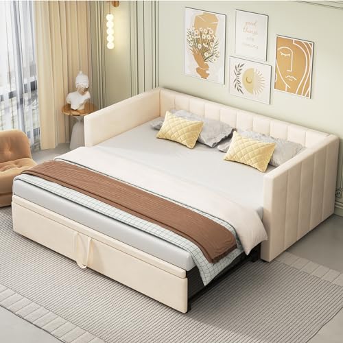 FEZTOY Tagesbett Ausziehbar Schlafsofa Samtstoff Bett Bettgestell Bettsofa Gästebett Jugendbett mit Lattenrosten Einzelbett/Doppelbett Samtstoff ohne Matratze (Beige B) von FEZTOY