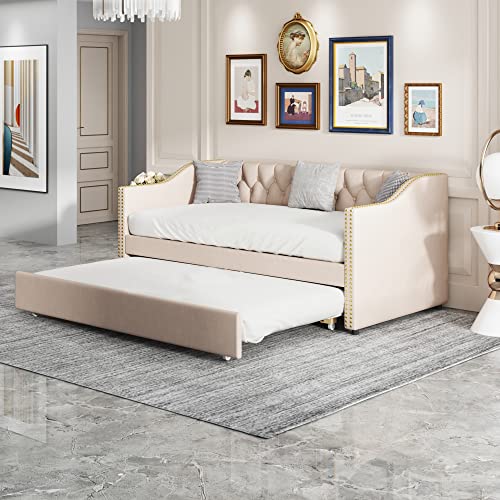 FEZTOY Tagesbett Ausziehbar Schlafsofa Samtstoff Bett Bettgestell Bettsofa Gästebett Jugendbett mit Lattenrosten Einzelbett/Doppelbett Samtstoff ohne Matratze (Leinenstoff-Beige A) von FEZTOY