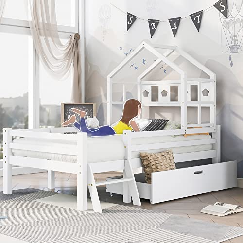 FEZTOY Hausbett Spielbett Kinder Bett, Vielseitiges Kiefernrahmen Kinderbett mit Leiter und Schubladen, Hochbett Massivholz mit Rausfallschutz 90x200cm Weiß von FEZTOY