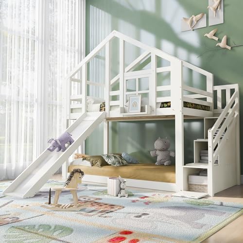 Kinderbett Baumhaus fur 2 kinder, Etagenbett mit Rutsche und Schublade Treppe, Hausbett Hochbett mit 2 Lattenrost, Spielbett Stockbett Jugendbett Funktionsbett, ohne Matratze (Weiß mit Treppe, 90x200) von FEZTOY