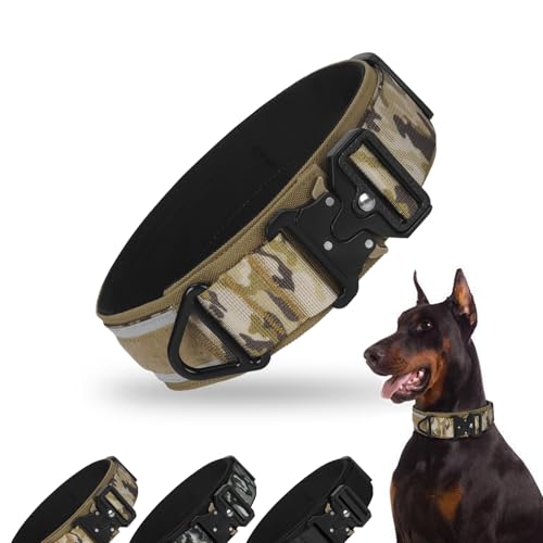 FEimaX Taktisch Hundehalsband Große Hunde, 2 Zoll Breite Dicke Reflektierende Hundehalsband mit Metallschnalle für Mittelgroße Hunde, Einstellbares Halsband für Ausbildung (Khaki Tarnmuster, L) von FEimaX