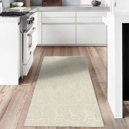 FFASFY Moderne abstrakte Teppich, 2 x 4 Streifen, Läufer Rutschfest, Florlos abwaschbar, Küchenteppich, kleiner Waschvorleger Badvorleger hellbraun Flurläufer von FFASFY