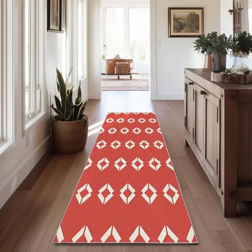 Rot-Weiß abwaschbarer Läufer Teppich 6x15 cm, geometrischer moderner Flurteppich 15 m, rutschfester Küchenläufer ultradünne Badteppich Einfache Mode Waschteppich bei von FFASFY