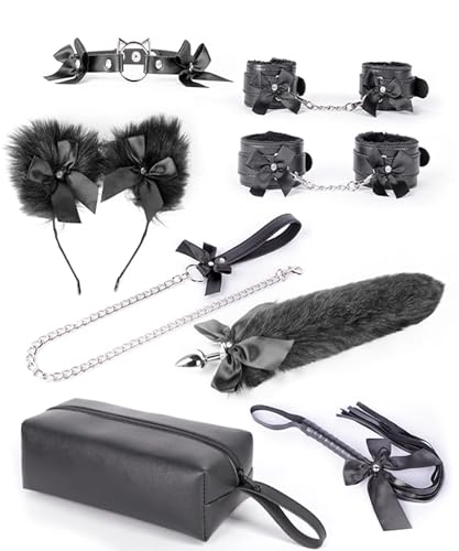 FFBHBLD Analplug Paaren Cosplay mit Fuchsschwanz Bondage Analplug Buttplug Anal Dildo 8 Stück Set Katze Ohren Handschellen SM Rollenspiel Analspielzeug Sexspielzeug für Männer Frauen Paare,Schwarz von FFBHBLD