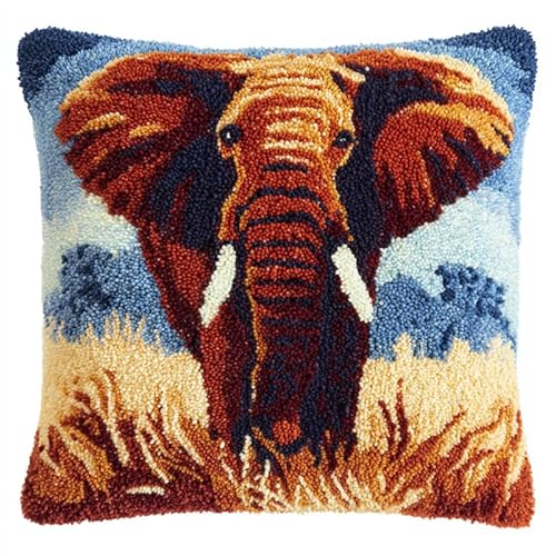 DIY Knüpfkissen Set 17x17in,Tier Elefant,Knüpfhaken-Set zum Selber Knüpfen für Erwachsene & Kinder,Knüpfpackung für Sofa-Deko & Handgemachte Geschenke von FFDONGTEGO