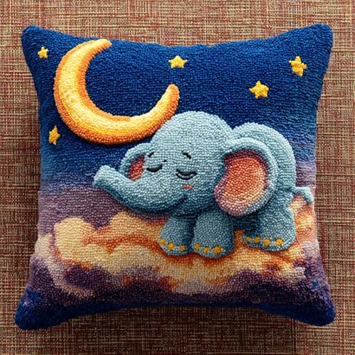 FFDONGTEGO DIY Knüpfkissen Zum Selber Knüpfen Set,Kleiner Elefant auf dem Mond,Kissen Knüpfen Latch Hook Kit Für Kinder Und Erwachsene,43x43cm von FFDONGTEGO
