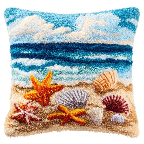 FFDONGTEGO DIY Knüpfkissen Zum Selber Knüpfen Set,Muscheln am Strand,Kissen Knüpfen Latch Hook Kit Für Kinder Und Erwachsene,43x43cm von FFDONGTEGO