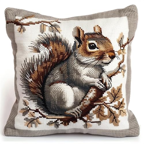FFDONGTEGO Knüpfkissen Zum Selber Knüpfen Eichhörnchen Knüpfkissen Set mit Vordruck 43X43cm DIY Stickset Handarbeiten Kissenbezug Couchkissen Dekokissen für Sofa Schlafzimmer Zuhause von FFDONGTEGO