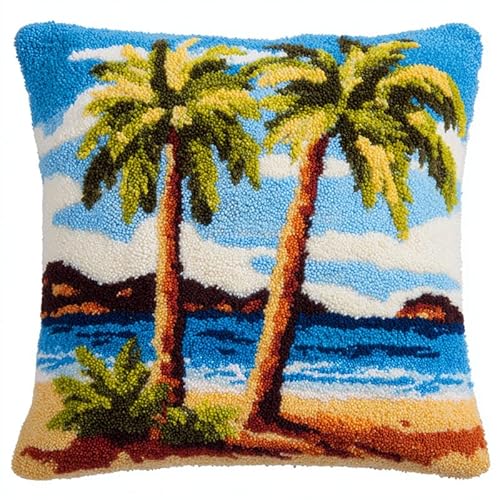 Latch Hook Kissen Kit,Kokosnussbäume am Strand,Knüpfkissen Set Für Anfänger Erwachsene Oder Kinder,Diy Knüpfteppich Knüpfpackung,Knüpfhaken Set,43X43Cm von FFDONGTEGO