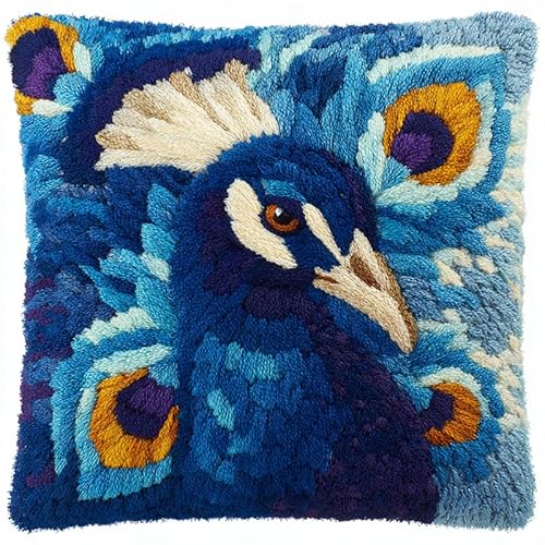 Latch Hook Kissen Kit,Schöner blauer Pfau,Knüpfkissen Set Für Anfänger Erwachsene Oder Kinder,Diy Knüpfteppich Knüpfpackung,Knüpfhaken Set,43X43Cm von FFDONGTEGO