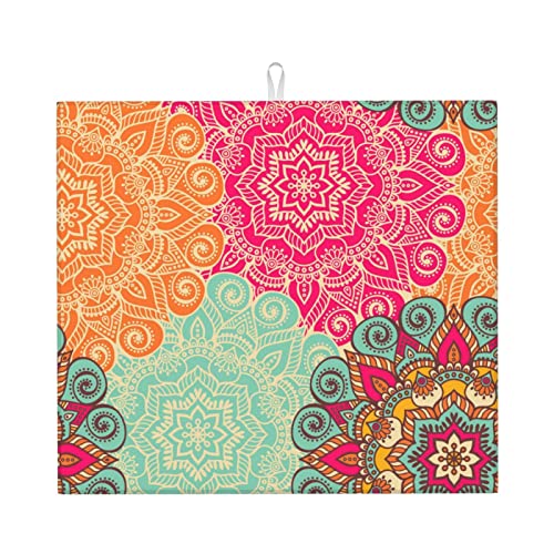 Boho bunte Blumen Premium Abtropfmatte Größe (40,6 x 45,7 cm) saugfähiger Stoff, Küchen-Abtropfkissen, wasserdicht, maschinenwaschbar, schnell trocknend, Esszimmerzubehör von FFEXS