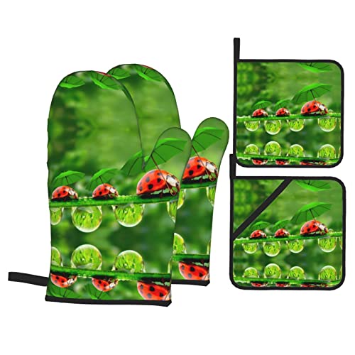 Lustiges Marienkäfer-Druck Küche Backen Vierteiliges Set Ofenhandschuhe Handschuhe Ofenmatte Sets Kochen Grillen Indoor Outdoor von FFEXS