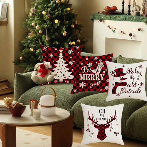 FFTANXS 4 Stück Weihnachtskissenbezug,Kissenbezug Weihnachten,Weihnachtskissenbezug 45x45cm,Christmas Pillow Covers Baumwolle und leinen,Schneeflocke Elk Weihnachtsbaum Muster Sofa Wohnkultur von FFTANXS