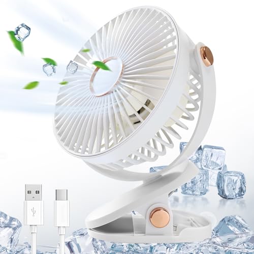 Clip Ventilator, Mini Clip Fan, 720° Rotation USB Ventilator, Klein Wiederaufladbar Tischventilator,Tragbarer Stroller Fan 5 Geschwindigkeiten, 3600 mAh,für Büro,Schlafzimmer,Camping,kinderwagen(Weiß) von FFTANXS