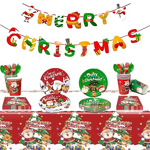 FFTANXS Pappteller weihnachten,Weihnachtsgeschirr set,Partygeschirr weihnachten,Geschirrset weihnachten,einschließlich Teller, Becher zum Weihnachten Party Weihnachtstischdecke,Servietten weihnachten von FFTANXS