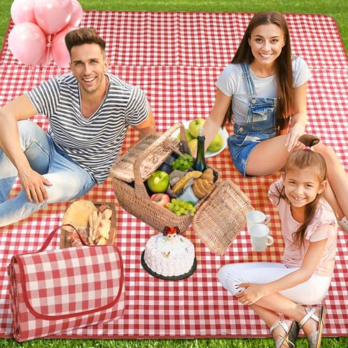 FFTANXS Picknickdecke 200x200 cm,Stranddecke XXL,Campingdecke mit Tragegriff,Faltbare strandmatte wasserdicht waschbar,Anwendbar auf Outdoor, Strand, Picknick,Badedecke für 3-6 Personen(Rot) von FFTANXS