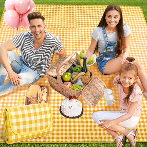 FFTANXS Picknickdecke 200x200 cm,Stranddecke XXL,Campingdecke mit Tragegriff,Faltbare strandmatte wasserdicht waschbar,Anwendbar auf Outdoor,Strand,Picknick,Gelb Kariert Badedecke für 3-6 Personen von FFTANXS