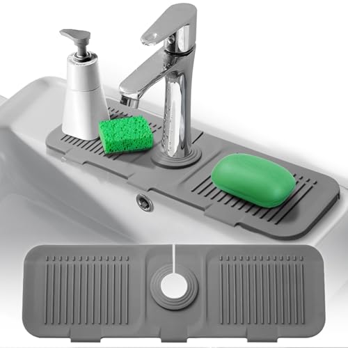 Wasserhahnschutz & Abtropfmatte Grau,Wasserhahn Spritzschutz,Wasserhahnmatte für Küchenspüle Schneidbar&Klappbare,Wasserhahn Matte für Wasserauffang Rbeitsplatte Schützen,für Küche und Bad von FFTANXS