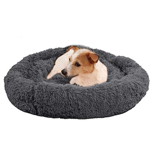 Hundebett kleine hunde/katzenbett rund xs,Donut flauschig Hundebetten waschbar, Flocke hundehütte indoor, Hundekorb mittelgroße hunde bett, Rutschfest kuschelbett hundekörbchen(Braun) (Gray-80) von FFTANXS