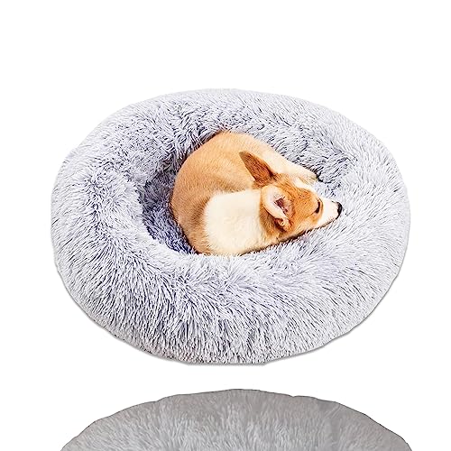 Hundebett kleine hunde/katzenbett rund xs,Donut flauschig Hundebetten waschbar, Flocke hundehütte indoor, Hundekorb mittelgroße hunde bett, Rutschfest kuschelbett hundekörbchen(Braun) (light grey-80) von FFTANXS