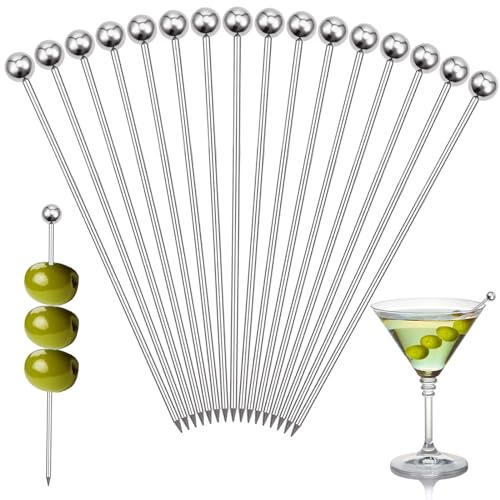 32 x Cocktailspieße, wiederverwendbare Edelstahl-Zahnstocher, Martini-Olivenspieße, verbesserte Metallspieße, Garnierstäbchen von FFWHKON