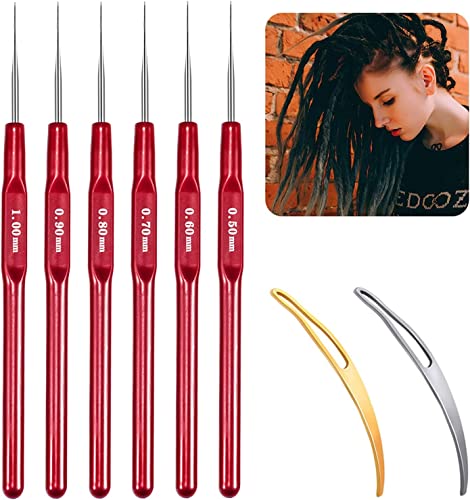 FFWHKON Dreadlock Werkzeug, Nadelhaken Set für Dreadlocks, Rot, Edelstahl, Bambusgriff, 6 Größen: 0,5 mm - 1 mm, 6 Stück von FFWHKON